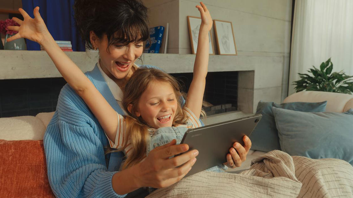 Mother and child cheering