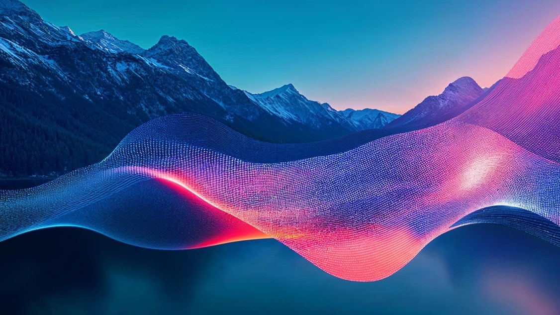 Logo abstrait de Swisscom flottant devant une chaîne de montagnes.