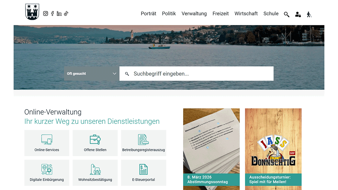 Das Bild zeigt einen Screenshot der Website der Gemeinde Meilen mit den Elementen der Online-Verwaltung.