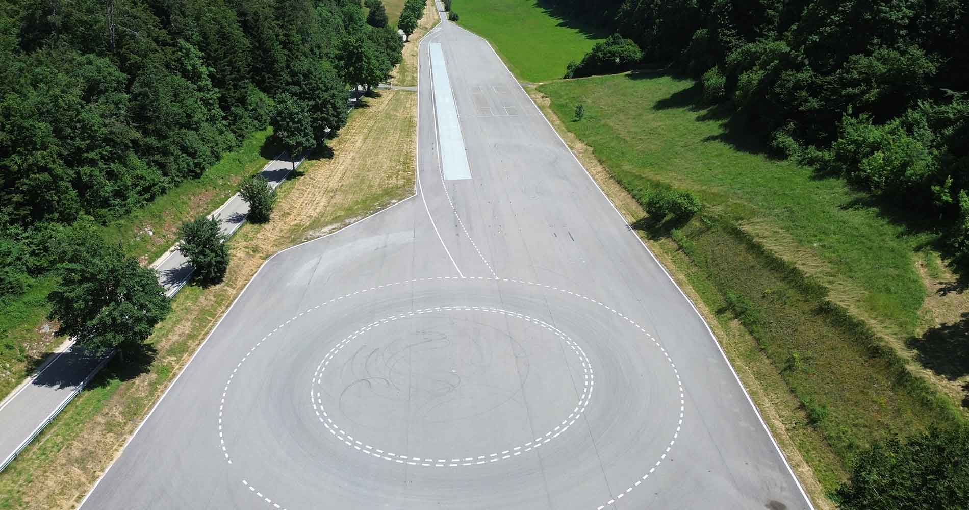Photo shows an aerial image of the DTC test track for autonomous driving.
