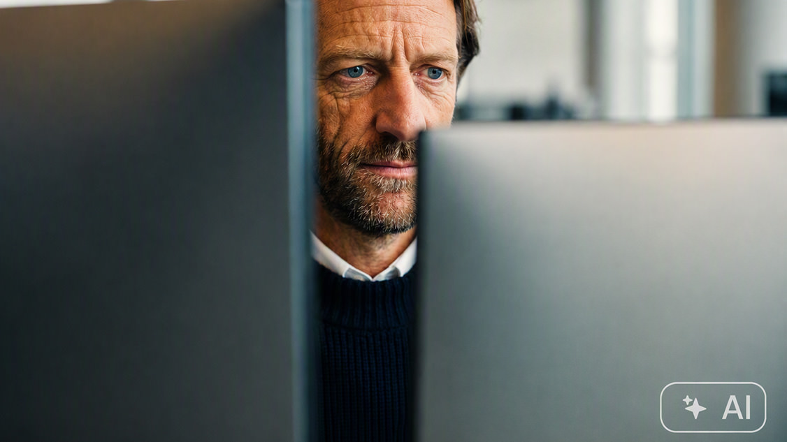 Person in dunklem Pullover monitort zwei Bildschirme