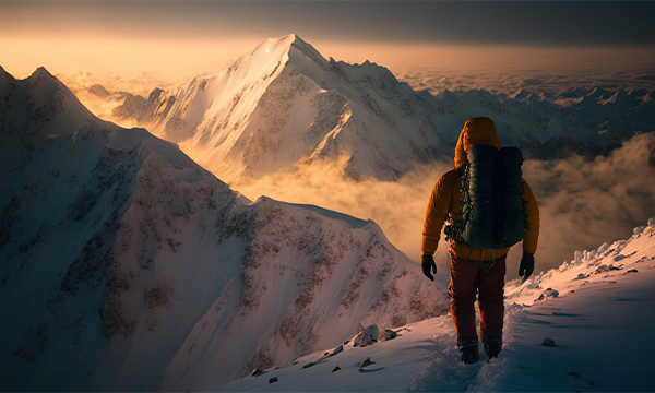 Kletterer bestaunt die schnee bedeckten Alpen