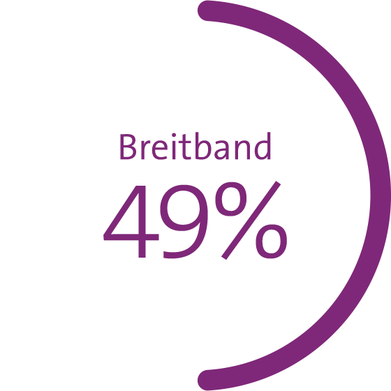 Grafik zeigt Marktanteil in Prozent: Mobilfunk 54%*, Breitband 49%, TV 39%