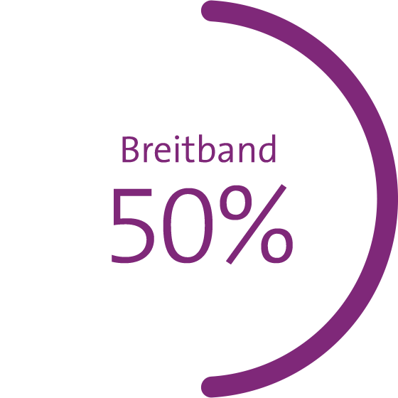 Grafik zeigt Marktanteil in Prozent: Mobilfunk 55%*, Breitband 50%, TV 39% *Postpaid