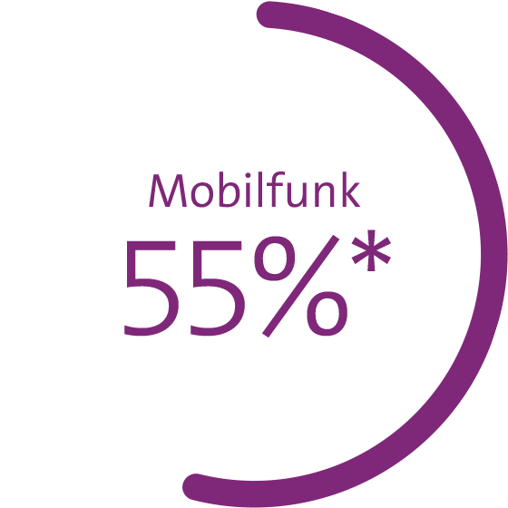 Grafik zeigt Marktanteil in Prozent: Mobilfunk 55%*, Breitband 50%, TV 39% *Postpaid