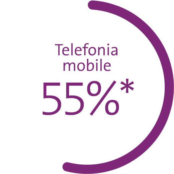 Il grafico mostra le quota di mercato in percentuale: telefonia mobile 55%*, banda larga 50%, TV  39% *Postpaid