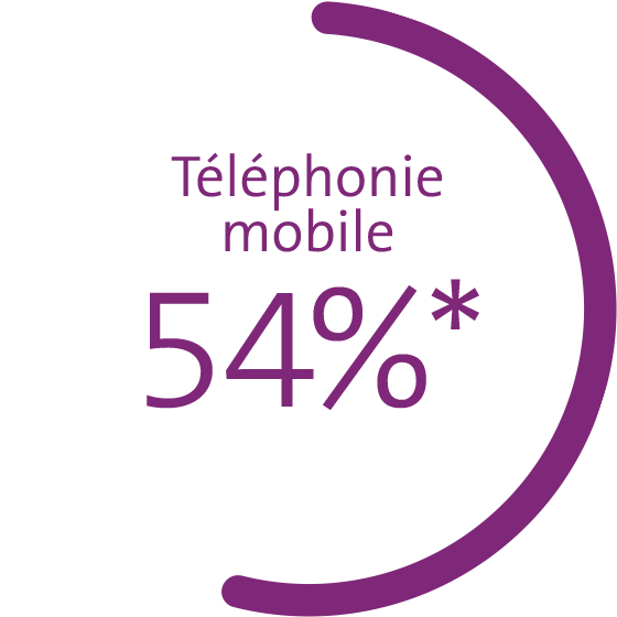 Le graphique montre les parts de marché en pour cent: téléphonie mobile 54%*, haut débit 49%, télévision 39%. 