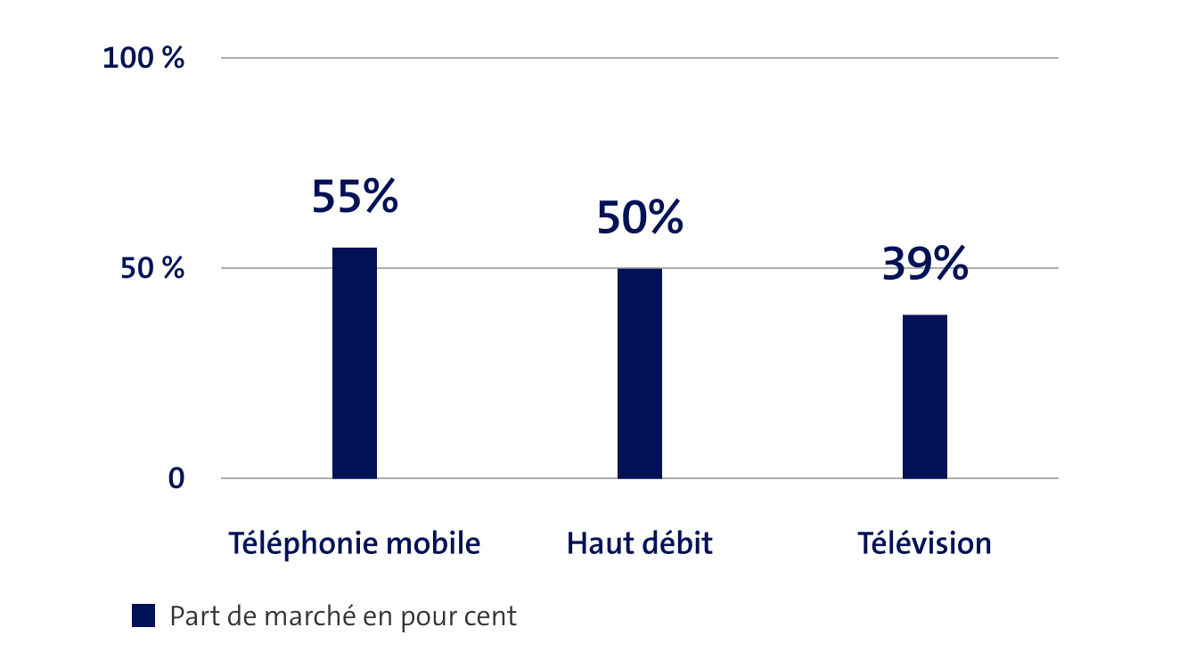 Grafik: part de marché: 55% communication mobile, 50% haut débit, 39% TV
