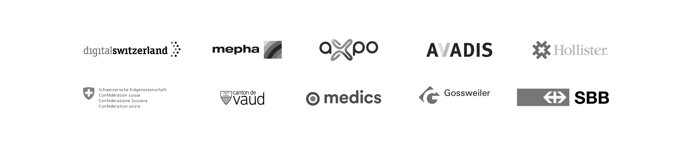 Logos of SBB, Mepha, Axpo, Digitalswitzerland, Canton Vaud, Schweizerische Eidgenossenschaft, Medics, Avadis, Hollister, Grossweiler