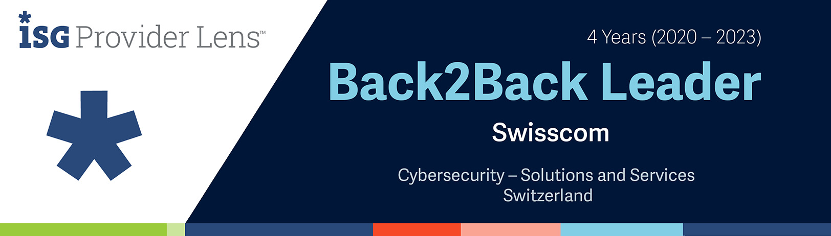 Banner ISG Provider Lens - Back2Back Leader, 4 Years (2020 - 2023), Swisscom. Cybersecurity - Solution and Services Switzerland.