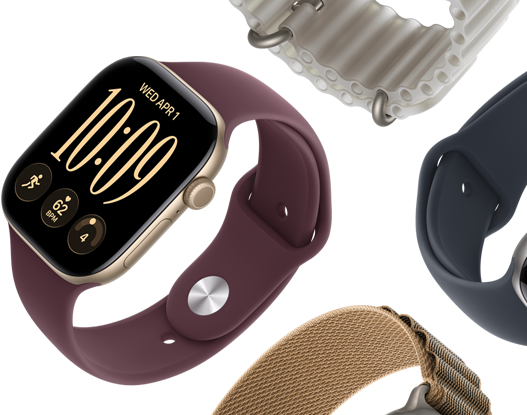 Apple Watch Series 11 Armbänder: Sportarmband in Nebelviolett, Ocean Armband in Maritimblau, Alpine Loop in Hellblau