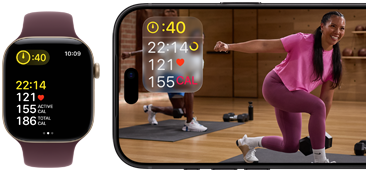 Apple Watch neben einem iPhone mit Apple Fitness+ Kurs auf dem Display