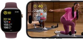 Apple Watch à côté d’un iPhone affichant une séance Apple Fitness+