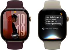 Trois Apple Watch Series 12, l’une avec un boîtier en aluminium or clair, conversation avec Siri AI, Bracelet Sport sable, l’une avec un boîtier en aluminium or clair, photo personnalisée sur le cadran avec complication Siri AI, Bracelet Sport bourgogne, et l’une avec un boîtier en aluminium gris sidéral, Résumé Siri, Bracelet Sport noir