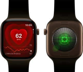 Two Apple Watch Series 12 devices, aluminum case, dark bronze color with olive Sport Band, one showing the Heart Rate app, the other with the Health Sensing System on the back of the watch, with glowing green LED lights
