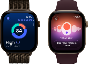 Apple Watch Series 12, cassa in alluminio color bronzo scuro, grafico circolare della qualità del sonno, Digital Crown, Loop in maglia milanese color bronzo scuro