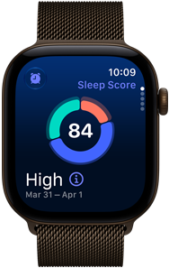 Apple Watch Series 12, cassa in alluminio color bronzo scuro, grafico circolare della qualità del sonno, Digital Crown, Loop in maglia milanese color bronzo scuro