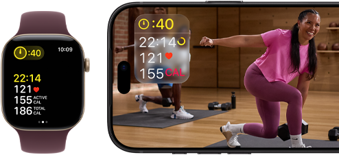 Un Apple Watch accanto a un iPhone con una lezione Apple Fitness+ sullo schermo