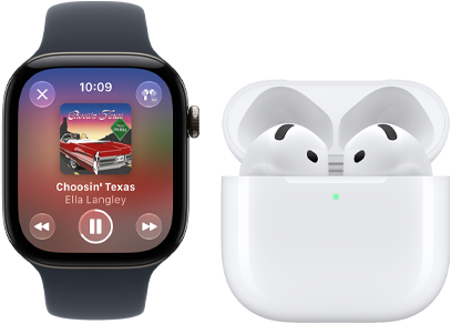 Un Apple Watch Series 12, cassa in alluminio nero, cinturino Sport nero, app Apple Music aperta, abbinato a un paio di AirPods 4
