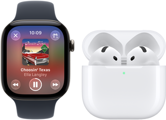 Un Apple Watch Series 12, cassa in alluminio nero, cinturino Sport nero, app Apple Music aperta, abbinato a un paio di AirPods 4