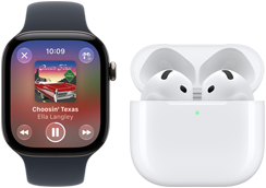 Un Apple Watch Series 12, cassa in alluminio nero, cinturino Sport nero, app Apple Music aperta, abbinato a un paio di AirPods 4