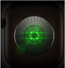 Un Apple Watch Series 12 mostrato da dietro, cassa in alluminio color bronzo scuro, vari sensori rotondi con luci LED verdi che pulsano, lato sinistro, Digital Crown, cinturino Sport oliva