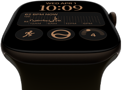 Apple Watch Series 12, cassa in alluminio color bronzo scuro, quadrante Modulare, complicazioni: giorno e data, Allenamento, anelli Attività, Apple Music; lato destro, Digital Crown, cinturino Sport oliva
