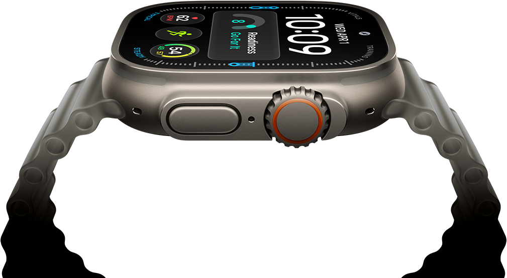 Apple Watch Ultra 4, boîtier en titane, finition naturelle, cadran numérique, complications : Préparation, Fréquence cardiaque, Exercices, Température, côté droit, Digital Crown, bouton latéral en saillie, Bracelet Océan, gris translucide
