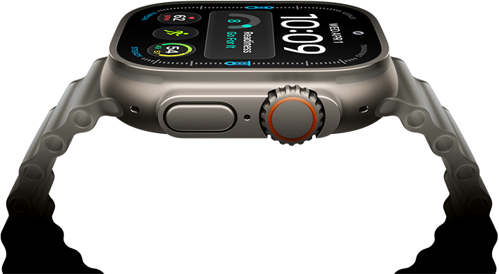 Apple Watch Ultra 4, boîtier en titane, finition naturelle, cadran numérique, complications : Préparation, Fréquence cardiaque, Exercices, Température, côté droit, Digital Crown, bouton latéral en saillie, Bracelet Océan, gris translucide
