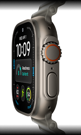 Apple Watch Ultra 4, boîtier en titane, finition naturelle, cadran numérique, complications : Préparation, Fréquence cardiaque, Exercices, Température, côté droit, Digital Crown, bouton latéral en saillie, Bracelet Océan, gris translucide