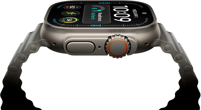 Apple Watch Ultra 4, Titangehäuse, Farbe Natur, digitales Zifferblatt, Komplikationen: Tagesform, Herzfrequenz, Trainings, Temperatur, rechte Seitenansicht, Digital Crown, erhöhte Seitentaste, Ocean Armband, Farbe Halbtransparentes Grau