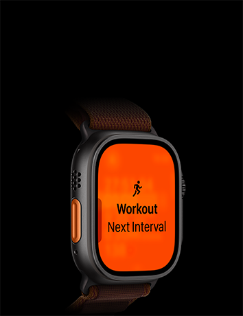 Apple Watch Ultra 4, cassa in titanio nero, allenamento Corsa, intervallo successivo, lato sinistro, tasto Azione arancione, cinturino Alpine Loop