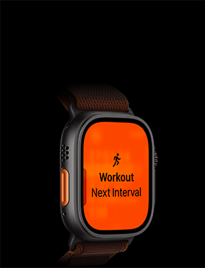 Apple Watch Ultra 4, cassa in titanio nero, allenamento Corsa, intervallo successivo, lato sinistro, tasto Azione arancione, cinturino Alpine Loop
