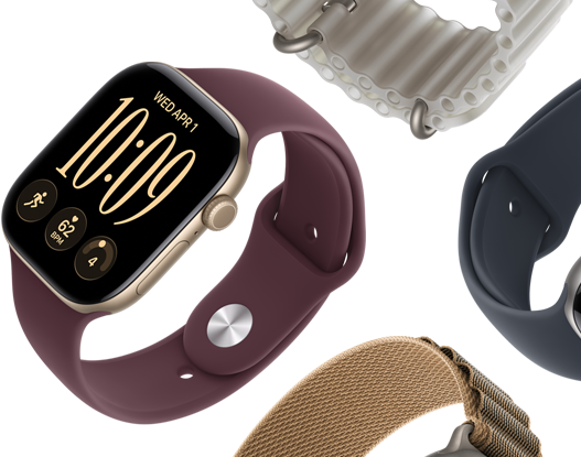 Cinturini per Apple Watch Series 11: cinturino Sport viola nebbia, cinturino Ocean blu salmastro, Alpine Loop azzurro