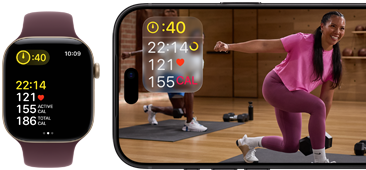 Un Apple Watch accanto a un iPhone con una lezione Apple Fitness+ sullo schermo