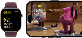 Un Apple Watch accanto a un iPhone con una lezione Apple Fitness+ sullo schermo