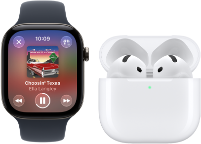 }Un Apple Watch Series 12, cassa in alluminio nero, cinturino Sport nero, app Apple Music aperta, abbinato a un paio di AirPods 4