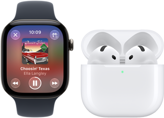 }Un Apple Watch Series 12, cassa in alluminio nero, cinturino Sport nero, app Apple Music aperta, abbinato a un paio di AirPods 4