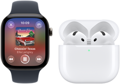}Un Apple Watch Series 12, cassa in alluminio nero, cinturino Sport nero, app Apple Music aperta, abbinato a un paio di AirPods 4