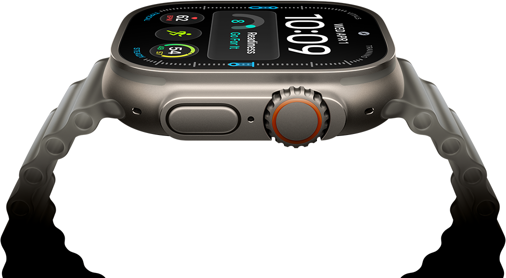 Apple Watch Ultra 4, cassa in titanio naturale, quadrante digitale, complicazioni: preparazione, frequenza cardiaca, Allenamenti, temperatura, lato destro, Digital Crown, tasto laterale in rilievo, cinturino Ocean grigio traslucido
