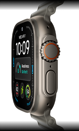 Apple Watch Ultra 4, cassa in titanio naturale, quadrante digitale, complicazioni: preparazione, frequenza cardiaca, Allenamenti, temperatura, lato destro, Digital Crown, tasto laterale in rilievo, cinturino Ocean grigio traslucido