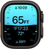Apple Watch Ultra 4, cassa in titanio nero, app Profondità che mostra i parametri di un’immersione, lato destro, Digital Crown, tasto laterale in rilievo
