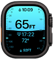 Apple Watch Ultra 4, cassa in titanio nero, app Profondità che mostra i parametri di un’immersione, lato destro, Digital Crown, tasto laterale in rilievo