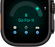 Apple Watch Ultra 4, cassa in titanio nero, punteggio di preparazione di 8, lato destro, Digital Crown, tasto laterale in rilievo