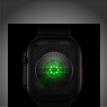 Un Apple Watch Ultra 4 mostrato da dietro, cassa in titanio nero, una serie di sensori rotondi con luci LED verdi che pulsano