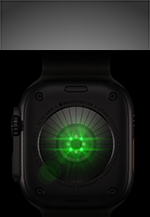 Un Apple Watch Ultra 4 mostrato da dietro, cassa in titanio nero, una serie di sensori rotondi con luci LED verdi che pulsano