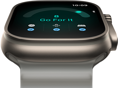 Apple Watch Ultra 4, Titangehäuse, Farbe Natur, Tagesformwert 8, rechte Seitenansicht, Digital Crown, erhöhte Seitentaste, Ocean Armband, Farbe Halbtransparentes Grau