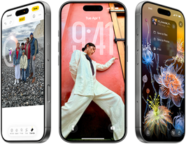 3 iPhone 17 Pro Modelle, Vorderseite, nebeneinander, zeigen iOS 26, Liquid Glass Effekt und Apple Intelligence Feature