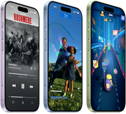 iPhone 17 devices, exterior front, exterior side, demonstrating Apple Music, video playback, gaming, buttons: Action button, volume