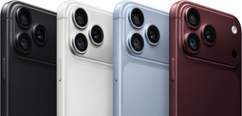 Plusieurs iPhone 18 Pro alignés, face arrière, dans les quatre finitions: bordeaux, glacier, argent, noir, système caméra Pro Fusion dans le coin supérieur gauche, 3 objectifs, micro, flash